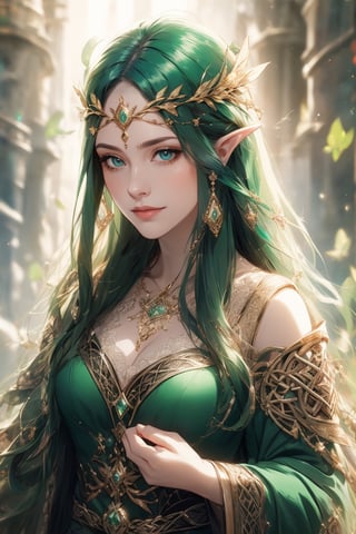 A beauty of grace, celtic goddess style, st.patricks day theme,sle, masterpiece, detailed background,mksks style,1 girl,3va,elf_crown