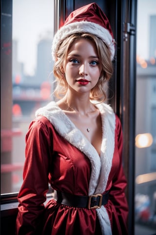 MrsClaus is posing by a window, wide open image,1 girl, 32 years old, santa_outfit,santa_hat, blue eyes,