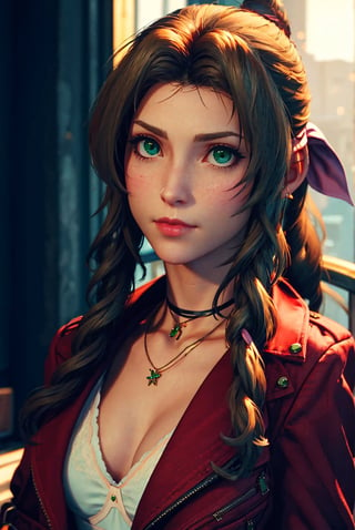 ff7r style, aerith gainsborough, 1girl, solo, realistic, green eyes, brown hair, long hair, blurry, looking at viewer, red jacket, jewelry, blurry background, necklace, choker, jacket, portrait, lips, ribbon, hair ribbon, bow, nose, closed mouth , ((masterpiece)) 