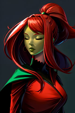 gear00d, a woman with a red hair, closed eyes, upper body, from side, profile, colored skin, green background, green skin, Extensive, 