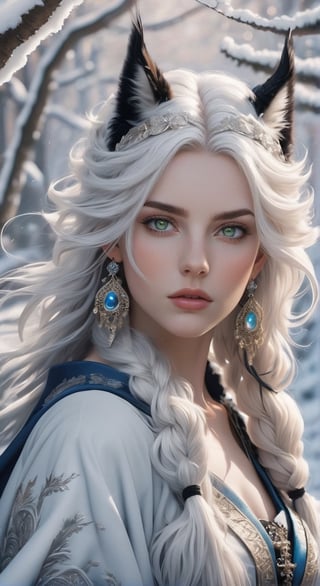 A fierce female warrior fighting in a snowy forest, in Medieval cloak, fur trimmed cloak, long hair, looking at viewer, blue eyes, simple background, (hair ornament), gem, tassel, hair between eyes, jewelry, upper body, earrings, lips, fur trim, eyelashes, portrait, beads, emo, (sharp eyes:1.4), (rebellious:1.4), (fierce:1.4), (standing: 1.2), silver-white hair, Gothic make-up, tough, wild. Kyoto Animation stylized anime, cinematic Lighting, ethereal light, intricate details, extremely detailed, incredible details, full colored, complex details, insanely detailed and intricate, hyper maximalist, gorgeous light and shadow, detailed decoration, detailed lines. Masterpiece, best quality, aerial view, HDR, UHD, unreal engine. looking at the camera, dark Fantasy background, representative, fair skin, beautiful face,A beautiful girl, blonde hair, dynamic character, detailed exquisite face, bold high quality, high contrast,art_booster,DonMS4kur4XL