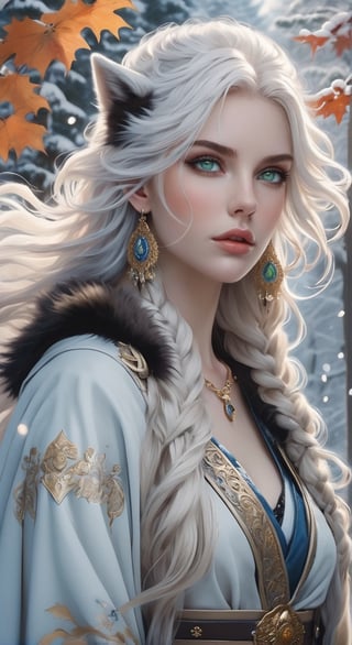 A fierce female warrior fighting in a snowy forest, in Medieval cloak, fur trimmed cloak, long hair, looking at viewer, blue eyes, simple background, (hair ornament), gem, tassel, hair between eyes, jewelry, upper body, earrings, lips, fur trim, eyelashes, portrait, beads, emo, (sharp eyes:1.4), (rebellious:1.4), (fierce:1.4), (standing: 1.2), silver-white hair, Gothic make-up, tough, wild. Kyoto Animation stylized anime, cinematic Lighting, ethereal light, intricate details, extremely detailed, incredible details, full colored, complex details, insanely detailed and intricate, hyper maximalist, gorgeous light and shadow, detailed decoration, detailed lines. Masterpiece, best quality, aerial view, HDR, UHD, unreal engine. looking at the camera, dark Fantasy background, representative, fair skin, beautiful face,A beautiful girl, blonde hair, dynamic character, detailed exquisite face, bold high quality, high contrast,art_booster,DonMS4kur4XL,she has a big belly