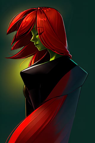 gear00d, a woman with a red hair, closed eyes, upper body, from side, profile, colored skin, green background, green skin, Extensive, 