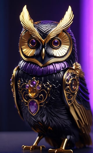 Neon victorian owl girl hybrid with purple hair and huge golden eyes. She wears form fitting black leather, with skeletal metal jewlery, in the style of futuristic glamour, rendered in cinema4d, rococo-inspired art, detailed character illustrations, unreal engine 5, aerial photography, bold and busy, stock videos & royaltyfree footage, in the style of light gold and light amber, bokeh panorama, gloomcore, photo taken with fujifilm superia, everyday life depiction, fawncore