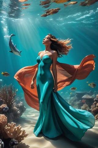 a woman under the sea, with cloth flying majestically