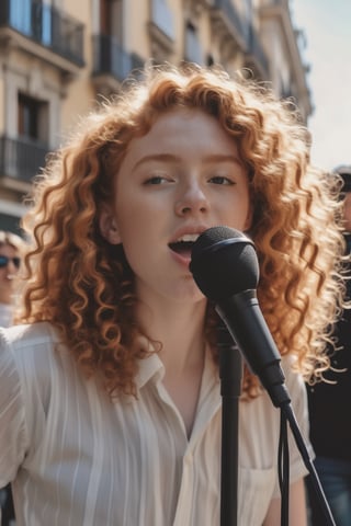A medium shot of a charismatic young influencer, 23 years old, with sumptuous ginger curly hair,
captured singing with a microphone in the madrid square, Iphone 14 pro max triple front camera, capturing
natural light and shadows, raw