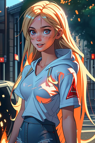 Full shot of a beautiful French woman with a shy smile, on a Parisian street on fire, white hooded t-shirt and a graphic red skull as a design that occupies almost the entire t-shirt, ripped jeans, leggings, catwalk, looking at the camera, perfectly facial features Symmetrical, realistic in every detail. messy blonde hair. hyper realistic realistic texture, cinematic lighting, depth of field, photorealistic rendering, RAW photography.,Hera_bloodofzeus_aiwaifu,High detailed 