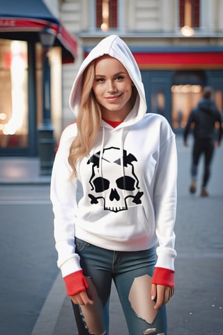 Full shot of a beautiful French woman with a shy smile, on a Parisian street on fire, white hooded t-shirt and a graphic red skull as a design that occupies almost the entire t-shirt, ripped jeans, leggings, catwalk, looking at the camera, perfectly facial features Symmetrical, realistic in every detail. messy blonde hair. hyper realistic realistic texture, cinematic lighting, depth of field, photorealistic rendering, RAW photography.