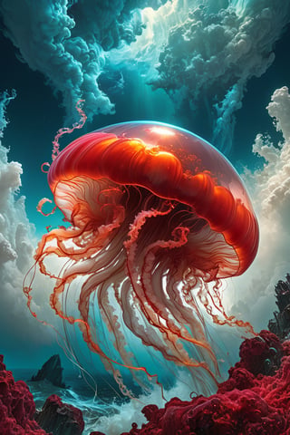 Cinematic, photorealistic red martian jellyfish, white eyes, vibrant colors, fantasy, warm tone, surreal, 8k resolution photorealistic masterpiece by Aaron Horkey and Jeremy Mann, professional photography, maximalist volumetric lighting photoillustration by marton bobzert, concept art with 8k resolution intricately detailed, complex elegant, expansive, fantastical, mythical clouds.