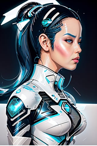profile of a woman with a CYBORG face, an illustration by Hajime Sorayama, trends in cg society, pop surrealism, futuristic, with many intricate biomorphic details, 80s pop art, colored pencil, colorful, High contrast, 2.5D , Lonely,xyzsanart01