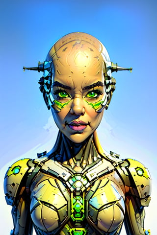 Only the bald head of a woman with a skull and a CYBORG face, an illustration by Hajime Sorayama, trends in cg society, pop surrealism, futuristic, with many intricate biomorphic details, pop art from the 80's, Colored Pencil, Colorful, High Contrast, 2.5D, Lonely,mtu virus,Hinata ,n_2b,genji,mecha_girl_figure