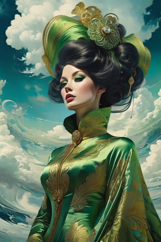 Cinematic, photorealistic 60s fashion woman, green eyes, vibrant colors, fantasy, warm tone, surreal, 8k resolution photorealistic masterpiece by Aaron Horkey and Jeremy Mann, professional photography, maximalist volumetric lighting photoillustration by Marton Bobzert, Intricately detailed, complex 8k resolution concept art. Elegant, expansive, fantastical, mythical clouds.