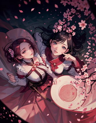  Masterpiece, top quality, high quality, artistic composition, two women, looking up, smiling, dazzling, from above, cherry blossom frame, petals dancing, striking, dramatic, hand held up, focus on face, bold composition,<lora:659111690174031528:1.0>