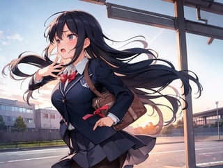 Keywords : masterpiece, best quality, 1 girl, sad, running hard, open mouth, blazer, school uniform, school uniform, school bag, pantyhose, japan, evening, school route, from side, school route, cowboy shot, high definition, rushing, dramatic light, beautiful scenery, looking away,breakdomain,masterpiece