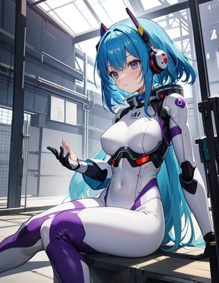 Masterpiece, Top Quality, High Definition, Artistic Composition, One Girl, White Pilot Suit, Body Suit, Android Style, Glowing Purple, Science Fiction, Sitting, Smiling, Greeting, Looking Away, Waving, Sweating, Blue-Green Hair, Inside Factory, Warehouse, People Working, Wide Shot, Japanese Anime Style people working, part of giant mecha in background, wide shot, Japanese anime style