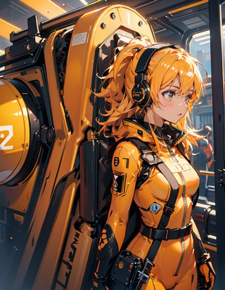 Masterpiece, Top Quality, High Definition, Artistic Composition, 1 Girl, Heavy Equipment Cockpit, Futuristic, Orange and Yellow Bodysuit, Android Style, Piloting, Angry, Dutch Angle, Bold Composition, Headset, Looking Away