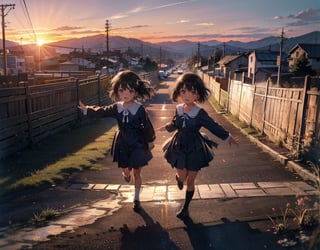 Masterpiece, top quality, high definition, artistic composition, anime, 1960s Japan, downtown, sunset, dirt road, wooden telegraph pole, empty lot, little girls running energetically, excited, smiling, shadow extending on ground, wide shot, bold composition, everyday, impressive light, Showa era landscape