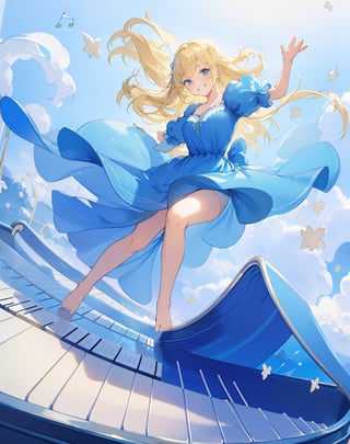 Masterpiece, Top Quality, High Definition, Artistic Composition,1 girl, blue dress, blond hair, smiling, frolicking, one leg raised, bouncing on huge piano keys, white background, lots of big musical notes image floating in the air, image, unreasonable, fairy tale, pastel tones, wide shot