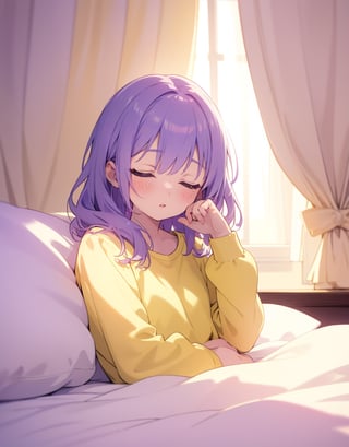 Masterpiece, Top Quality, High Definition, Artistic Composition, One Girl, Cream Yellow Cotton Shirt, On Bed, Getting Up, Eyes Closed, Absent, Girlish Gesture, Backlight, Bedroom, Morning, Pale Purple Curtains, Striking Light, Sleeping, Sleepy, Portrait, Low Contrast, Pastel Tone