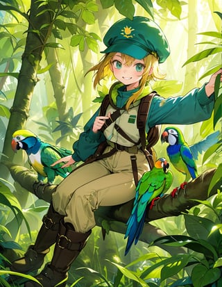 Masterpiece, Top Quality, High Definition, Artistic Composition, One girl, explorer, sitting, green exploration outfit, beige pants, blue cap, jungle boots, smiling, reaching out, composition from front, large backpack in place, jungle, green, parrot and parakeet flying, paradise, sunlight filtering through trees