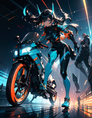 Masterpiece, Top Quality, High Definition, Artistic Composition, 1 girl, riding a bicycle, pedaling, orange and cyan futuristic battle suit, body suit, android, blue accent color, motion blur, dynamic, moving, bold composition, battlefield