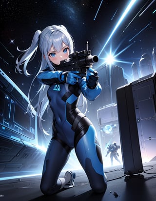 Masterpiece, Top Quality, High Definition, Artistic Composition, One girl, blue space suit, retro silver ray gun with both hands, small gun, aiming, shooting, action pose, space invaders, space base, outer space, bold composition, science fiction