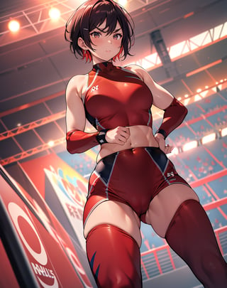 Masterpiece, Top Quality, High Definition, Artistic Composition,1 girl, short hair, red wrestling costume, in fighting pose, thick eyebrows, serious face, stadium, front view, powerful, hunched over