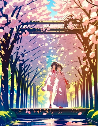  Masterpiece, Top Quality, High Definition, Artistic Composition, 2 girls, smiling, smiling with mouth open, walking and talking, cute gesture, tunnel of cherry trees in watercolor style, spring coordination, portrait, cherry blossom in full bloom, wide shot, cherry blossom frame, pastel colors, action pose,girl,<lora:659111690174031528:1.0>