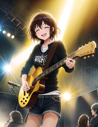 Masterpiece, Top Quality, High Definition, Artistic Composition,1 girl, playing guitar, rock band, concert, smiling, sweat, urban casual, right hand raised, from below, lighting, lively, screaming, bold composition, striking light