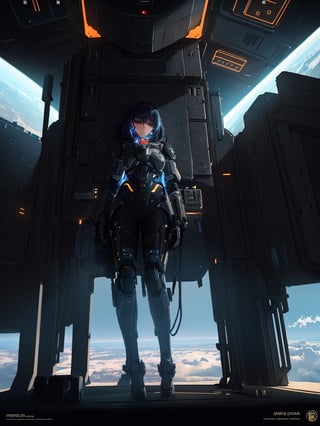 Masterpiece, Top Quality,1 Woman, on one knee, hiding, mechanical armor, sexy, gun in hand, spaceship factory in space, space view from inside, dark background, no earth, photo, futuristic, high definition, looking up, artistic composition, science fiction, cyberpunk