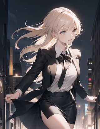 (Masterpiece, Top Quality), High Definition, Artistic Composition, 1 Woman, squinting, smiling, frolicking, feminine action pose, black business suit, tight skirt, white shirt, black tie, wearing hair, looking away, night town, downtown, striking light, dramatic, night Date, Beige coat, Stylish, Wide shot,photograph