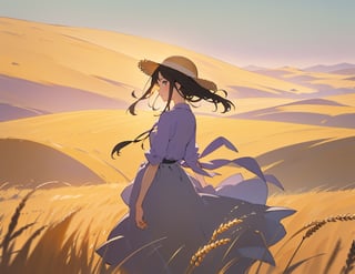 Masterpiece, Top Quality, High Definition, Artistic Composition, One Girl, Pale Purple Shirt, Straw Hat, Hand Holding Hat, Looking Back, Looking Away, Dark Hair, Greening Desert, Wilderness, Green Wheat Field, Wide Sky, Wind Blowing, Wide Shot, High Contrast