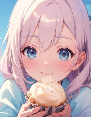 Masterpiece, Top quality, High definition, Artistic composition, One girl, eating cream puffs, cream around mouth, smiling, close-up of face, light blue clothing