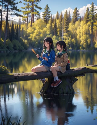 Masterpiece, Top Quality, High Definition, Artistic Composition, Several Girls, Girl Scouts, Camping, Lake, Smiling, Looking Away, Talking, Holding Firewood