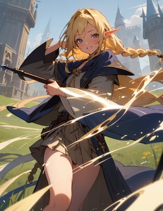 Masterpiece, Top quality, High definition, Artistic composition, One girl, Elf wizard, Navy blue robe, Khaki skirt, Magic wand made of wood, Long blonde hair, Hair in braids, Smiling, Posing, Meadow, Cheerful, Sharp eyes, Fantasy,breakdomain