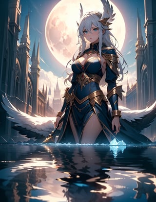 (masterpiece, top quality), high definition, artistic composition, 1 female, divine, large moon, reflection in water, cold, impressive light, fantasy, Norse mythology, descent, Valkyrie
