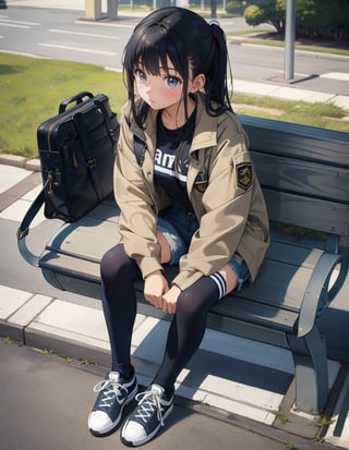 Masterpiece, Top quality, High definition, Artistic composition, One girl, khaki jacket, navy blue and white striped trainers, jean shorts, gray tights, black sneakers, from above, close-up of face, proud face, sitting, park bench, bold composition