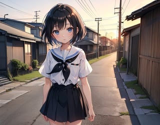 Masterpiece, top quality, high definition, artistic composition, anime, 1960s Japan, downtown, sunset, dirt road, wooden telegraph pole, empty lot, little girls talking and walking, leaving school, school road, shadow extending on ground, bold composition, everyday life, striking light, Showa era landscape
