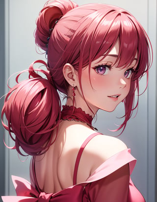 Masterpiece, Top Quality, High Definition, Artistic Composition, 1 girl, close-up of face, from behind, long hair, hair up, nape of neck, red earring, smile, pink dress, eye shadow