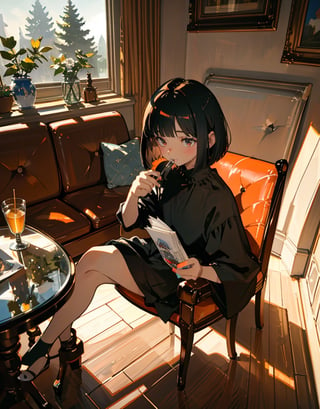 masterpiece, top quality, artistic composition, realistic, 1 girl, bob cut, sitting on couch, leaning forward, excited, paper cup in hand, (smiling with mouth open), living room, focus on face, glass table with candy on it, side composition, portrait, looking away, dutch angle,photograph,<lora:659111690174031528:1.0>