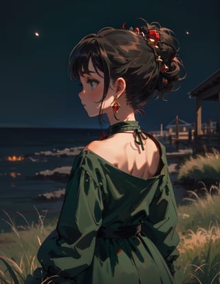 Masterpiece, Top quality, High definition, Artistic composition, 1 girl, close-up of face, from behind, long hair, dark hair, hair up, nape of neck, red earring, smiling, dark green dress, eye shadow, night town, looking away