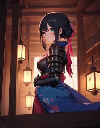 Masterpiece, Top Quality, High Definition, Artistic Composition, One girl, gentle smile, black hair, big pink ribbon, red and blue-green kimono-like battle dress, android-like armor, inside wooden building, dark, lantern light