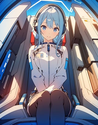  Masterpiece, Top Quality, High Definition, Artistic Composition, 1 girl, smiling, tight white space suit, outer space, sitting in narrow cockpit of spaceship, front view, crammed with machinery, futuristic, organic headset, science fiction, blue hair, blue eyes, communicating, looking away, one hand touching hair, from below, beautiful body line, perspective