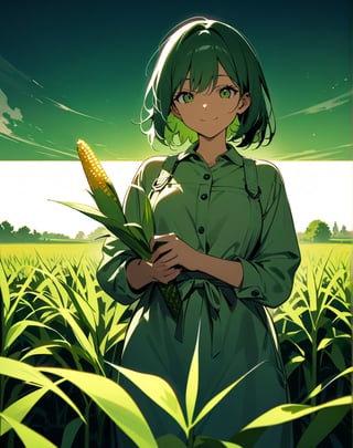 (Masterpiece, Top Quality), High Definition, Artistic Composition, 1 Woman, holding corn in hand, smiling, khaki farm clothes, tall corn seedling, cornfield, green landscape, high contrast, from front, striking light