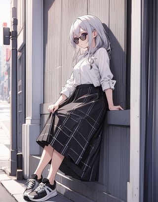 Masterpiece, Top Quality, High Definition, Artistic Composition, One girl, leaning against a wall, waiting for someone, looking away, looking down, smirking, round frame sunglasses, silver hair, black printed shirt, tricolor checkered skirt, black sneakers, casual, Portrait, monotone cityscape, French style, low saturation