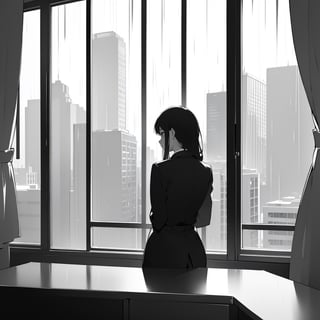 Masterpiece, top quality, high definition, artistic composition, 1 woman, May Day, Labor Day, office, raining outside window, looking away, staring out window, bold composition, tired, dramatic, office worker, high contrast, backlit,photograph
