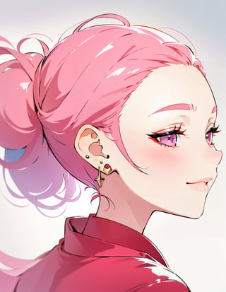 Masterpiece, Top Quality, High Definition, Artistic Composition, 1 girl, close-up of face, from behind, long hair, hair up, nape of neck, red earring, smile, pink dress, eye shadow