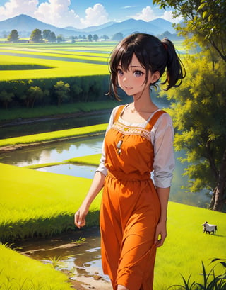 Masterpiece, top quality, high definition, artistic composition, 1 girl, cotton clothing, Southeast Asia, ethnic fashion in spicy colors, tanned skin, smiling, walking, footpath, rice field, looking away, rural landscape, portrait, cow, bold composition
