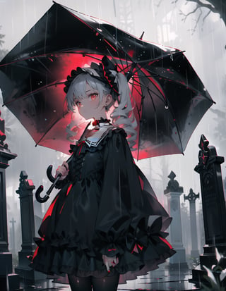 Masterpiece, Top Quality, High Definition, Artistic Composition,1 girl, umbrella, standing, gothic lolita, dark face, raining, smoking in the rain, dark graveyard, striking, from front, wide shot, eerie atmosphere, red choker, dark sky