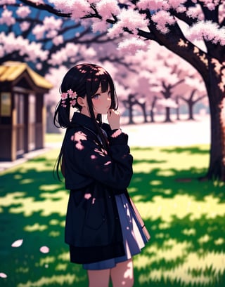  Masterpiece, top quality, high quality, artistic composition, 1 girl, big cherry tree, standing under tree, one hand touching tree, impressive, cherry blossoms in full bloom, petals dancing, beautiful nature, wide shot, from front,<lora:659111690174031528:1.0>